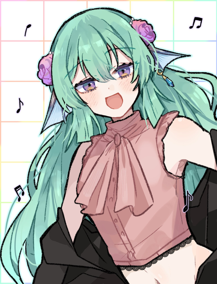 1girl, alternate_costume, black_jacket, finana_ryugu, fins, flower, green_hair, hair_flower, hair_ornament, head_fins, highres, jacket, land_(freeondeland), long_hair, musical_note, nijisanji, nijisanji_en, open_mouth, pink_shirt, purple_flower, shirt, smile, solo, violet_eyes, virtual_youtuber