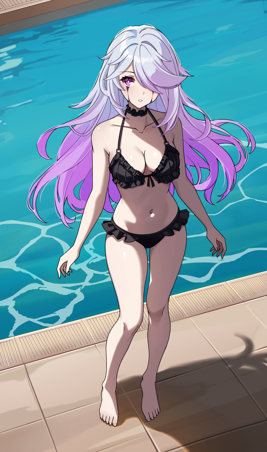 1girl, absurdres, bare_shoulders, barefoot, bikini, black_bikini, black_choker, black_survival, breasts, chiara_(black_survival), choker, commission, commissioner_upload, eternal_return:_black_survival, frilled_bikini, frills, highres, legs, long_hair, looking_at_viewer, medium_breasts, non-web_source, pink_eyes, pink_hair, pool, poolside, runny_makeup, standing, swept_bangs, swimsuit, thighs, wayanfa
