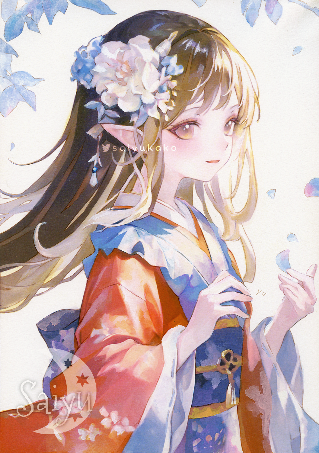 1girl, acrylic_paint_(medium), blue_kimono, brown_eyes, brown_hair, crescent, elf, eyelashes, eyeshadow, falling_petals, floating_hair, floral_print, flower, frills, from_side, hair_flower, hair_ornament, hands_up, highres, japanese_clothes, kimono, leaf, logo, long_hair, looking_at_viewer, makeup, obi, original, painting_(medium), parted_lips, petals, pointy_ears, red_kimono, saiyukako, sash, simple_background, smile, traditional_media, twitter_username, two-tone_kimono, upper_body, watercolor_(medium), white_background, white_flower