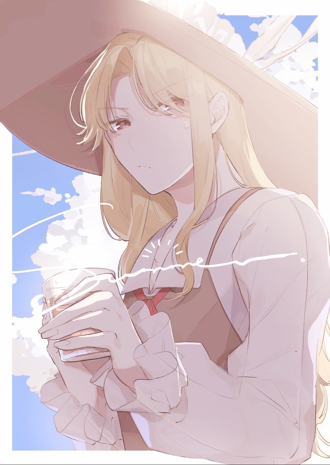 1girl, blonde_hair, blue_sky, border, brown_headwear, brown_vest, clouds, cloudy_sky