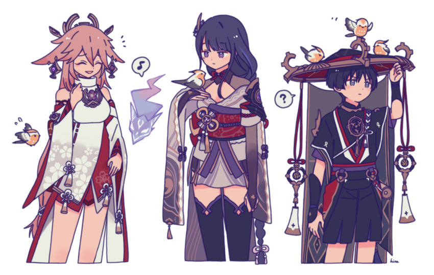 1boy, 2girls, bare_shoulders, bird, black_dress, copyright_request, cropped_legs, detached_sleeves