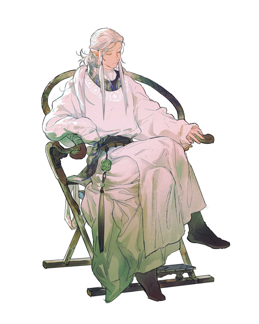 1boy, arm_rest, armchair, beads, black_footwear, boots, braid, chair