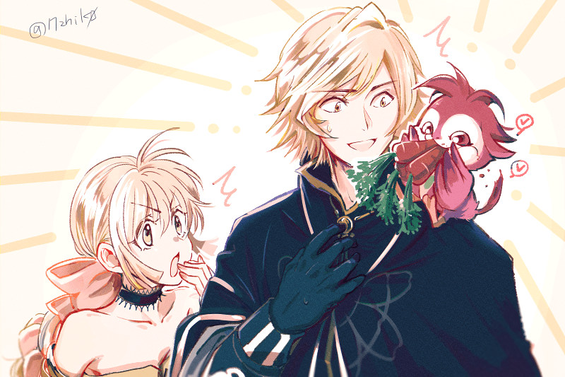 1boy, 1girl, 72yan, :d, animal_on_shoulder, bare_shoulders, black_choker, black_gloves