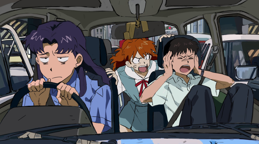 1boy, 2girls, anger_vein, annoyed, bags_under_eyes, black_eyes, black_hair, black_pants, blue_shirt, blue_skirt, car_interior, closed_eyes, closed_mouth, collared_shirt, commentary, covering_own_ears, driving, earrings, english_commentary, frown, highres, ikari_shinji, interface_headset, jewelry, katsuragi_misato, knees_up, long_hair, multiple_girls, neck_ribbon, neon_genesis_evangelion, open_mouth, orange_hair, pants, purple_hair, rear-view_mirror, red_ribbon, ribbon, right-hand_drive, saplemu, school_uniform, seatbelt, shirt, short_hair, short_sleeves, shouting, sitting, skirt, souryuu_asuka_langley, steering_wheel, stud_earrings, suspender_skirt, suspenders, teeth, tokyo-3_middle_school_uniform, upper_teeth_only, v-shaped_eyebrows, watch, watch, white_shirt