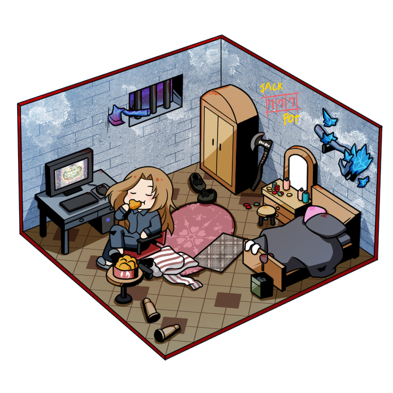 1girl, axe, baba_yaga_(limbus_company), bars, bed, blanket, blood, blood_on_clothes