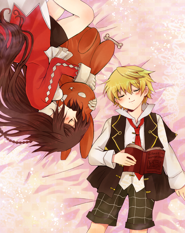 1girl, alice_(pandora_hearts), bed, blonde_hair, bone, book, brown_hair, closed_eyes