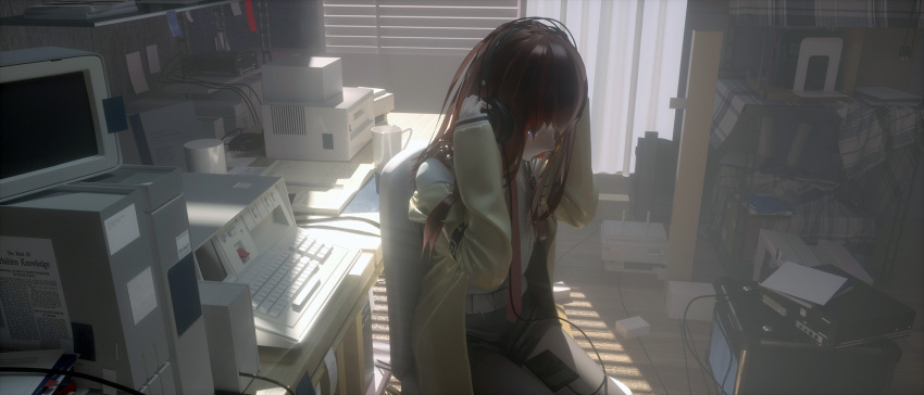 1girl, adjusting_headphones, belt, black_pantyhose, black_shorts, blinds, bookend, bookshelf
