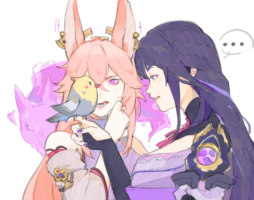 ..., 2girls, animal_ears, bird, bird_on_hand, braid, braided_ponytail, bridal_gauntlets
