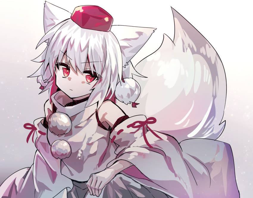 1girl, absurdres, animal_ears, closed_mouth, commentary, detached_sleeves, grey_skirt, hat