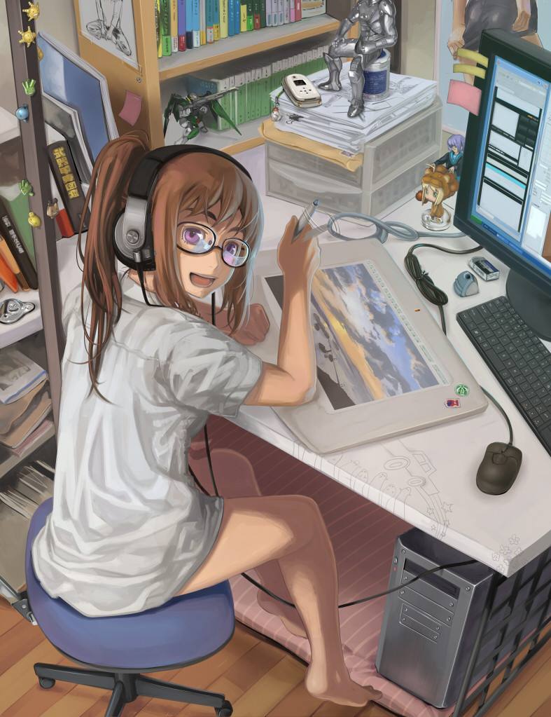 aru-sci, barefoot, bottomless, brown_hair, cellphone, computer, computer_keyboard, computer_mouse