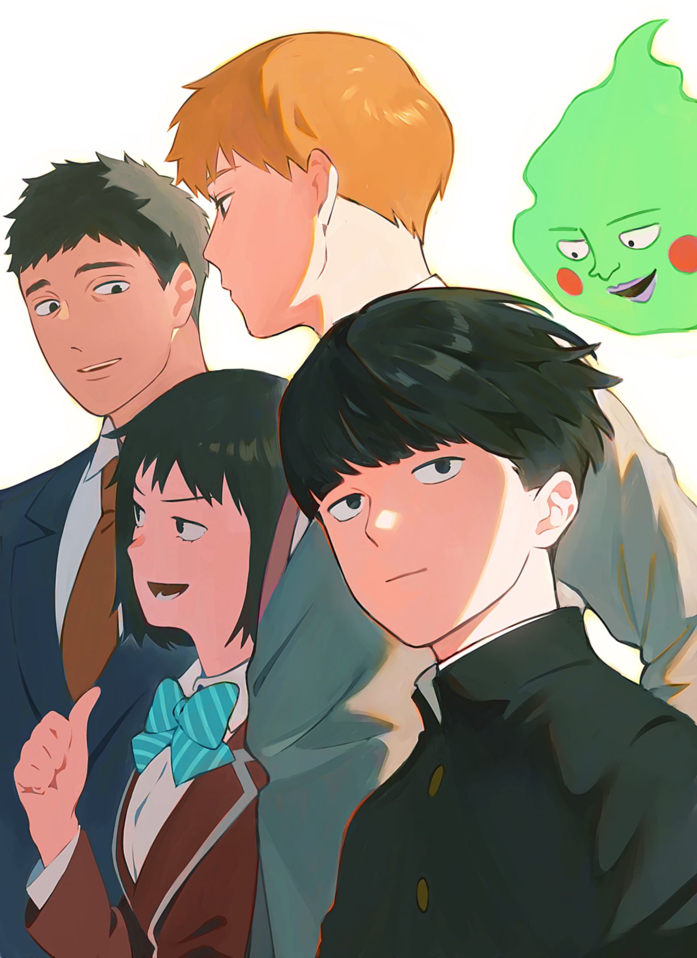 3boys, black_eyes, black_hair, blazer, blonde_hair, blue_bow, blue_bowtie, blue_jacket, blush_stickers, bow, bowl_cut, bowtie, collared_shirt, ekubo_(mob_psycho_100), formal, gakuran, grey_jacket, highres, hitodama, jacket, kageyama_shigeo, kurata_tome, light_smile, long_sleeves, looking_at_viewer, mob_psycho_100, multiple_boys, necktie, open_mouth, pink_necktie, red_jacket, red_necktie, reigen_arataka, school_uniform, serizawa_katsuya, shirt, short_hair, simple_background, striped, striped_bow, striped_bowtie, suit, suit_jacket, thumbs_up, white_background, white_shirt, yukoxx131