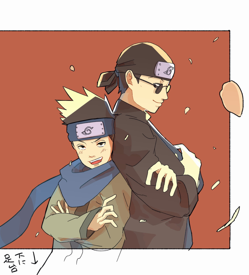2boys, back-to-back, bandana, black_hair, blue_scarf, closed_mouth, crossed_arms, ebisu_(naruto)