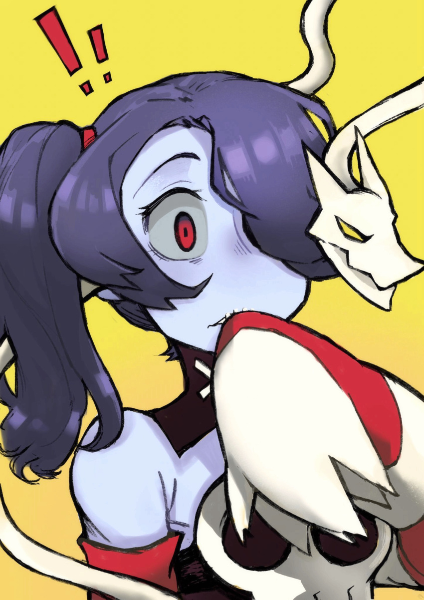 !, !!, 1girl, bare_shoulders, black_collar, blue_hair, blue_skin, closed_mouth