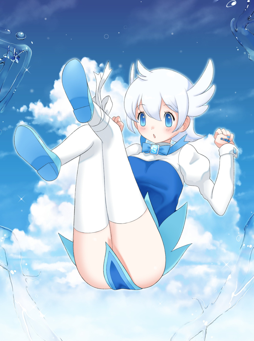 1girl, absurdres, bird_wings, blue_dress, blue_eyes, blue_footwear, blue_sky, bow