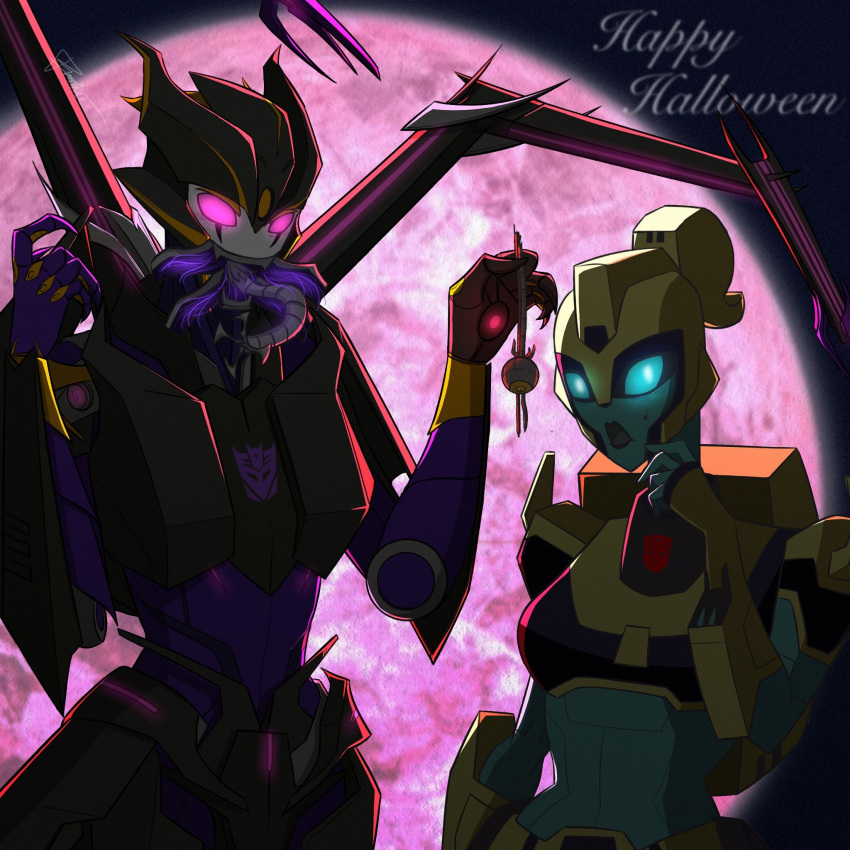 2girls, airachnid, autobot, black_lips, black_panties, blue_eyes, blue_skin, breasts