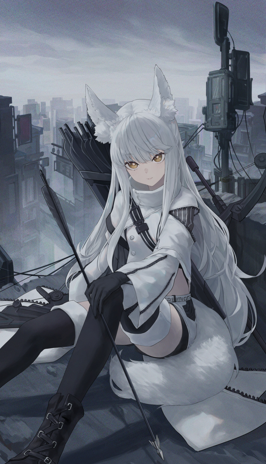 1girl, animal_ear_fluff, animal_ears, arknights, arrow_(projectile), black_footwear, black_gloves, black_shorts