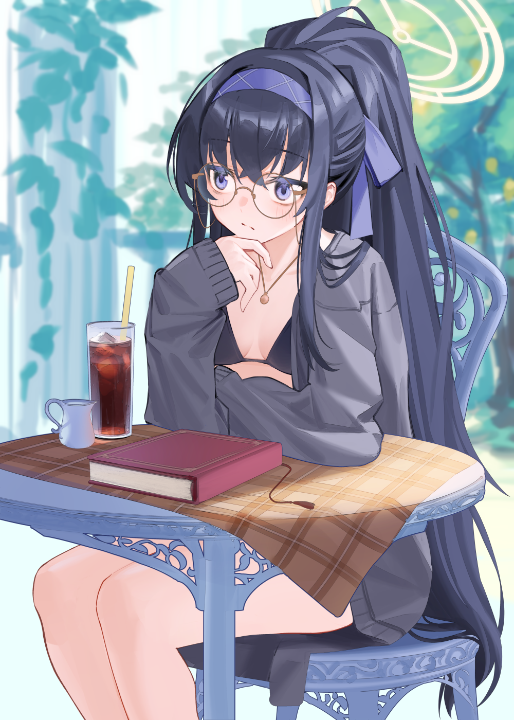 1girl, bikini, bikini_under_clothes, black_hair, blue_archive, blush, book, chair, glass, glasses, grey_jacket, hairband, halo, high_ponytail, highres, jacket, jewelry, long_hair, necklace, ponytail, purple_hairband, sitting, solo, swimsuit, ui_(blue_archive), ui_(swimsuit)_(blue_archive), violet_eyes, yasawa_kichi