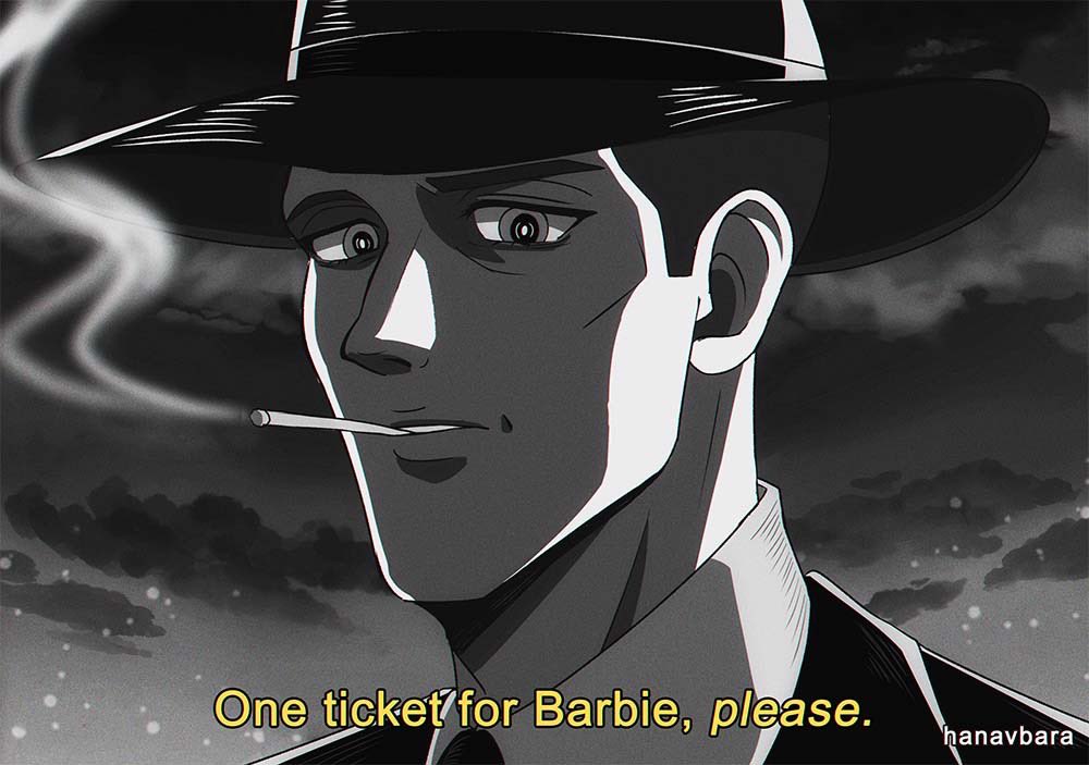 1boy, artist_name, barbenheimer_(meme), barbie_(franchise), barbie_(live_action), cigarette, clouds, cloudy_sky