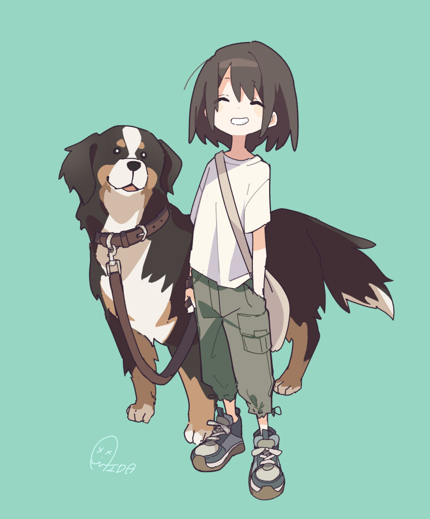 1girl, aida_(aidia), animal, bernese_mountain_dog, brown_hair, brown_pants, cargo_pants, closed_eyes