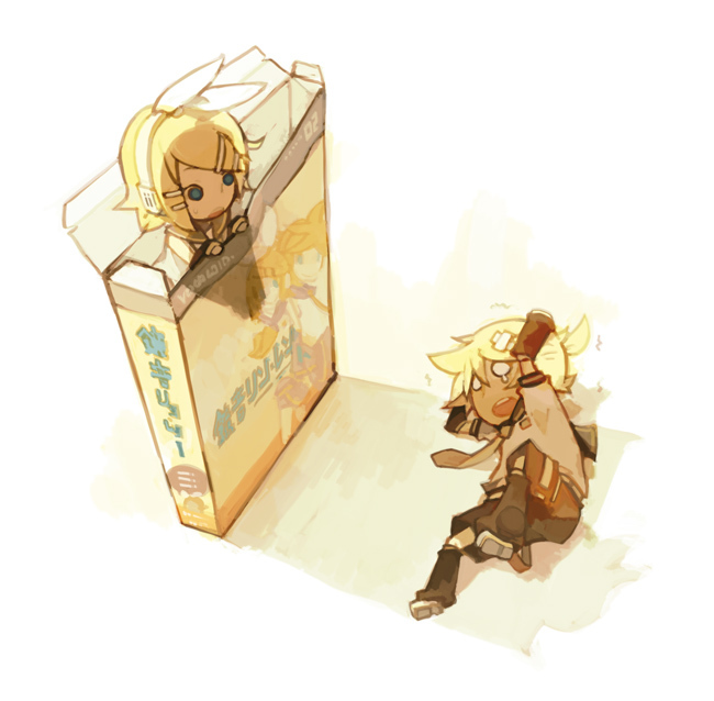 bandaid, blonde_hair, box, brother_and_sister, chibi, detached_sleeves, glider_(artist), guraida, hair_ornament, hair_ribbon, hairclip, headphones, kagamine_len, kagamine_rin, leg_warmers, necktie, pixiv, ponytail, ribbon, sailor_collar, short_hair, shorts, siblings, tears, twins, vocaloid
