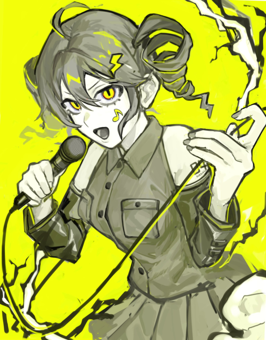 1girl, breast_pocket, cable, collared_shirt, commentary_request, cowboy_shot, detached_sleeves, drill_hair