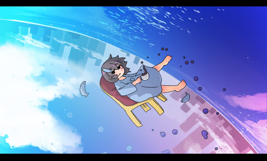 1girl, absurdres, barefoot, black_eyes, blue_shirt, blue_sky, blush, brown_hair