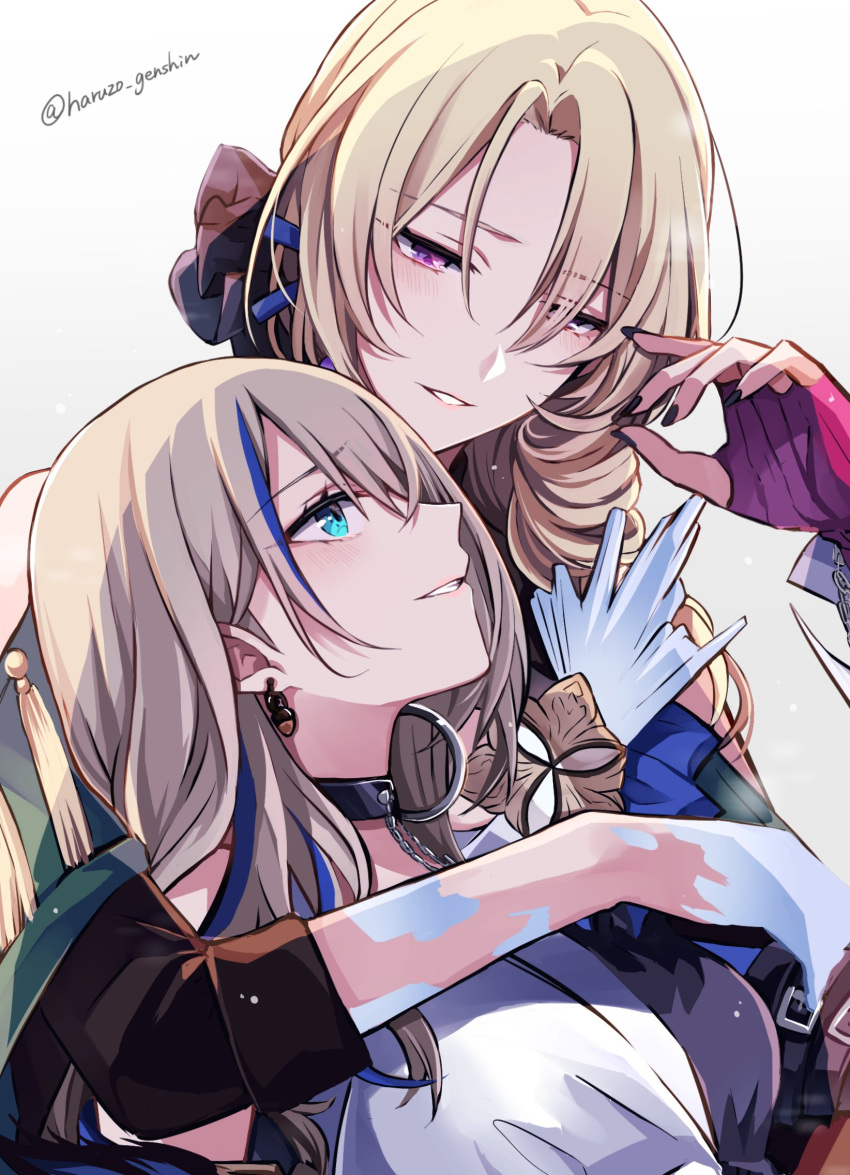 2girls, aqua_eyes, black_choker, blonde_hair, choker, cocolia_rand, earrings, fingerless_gloves