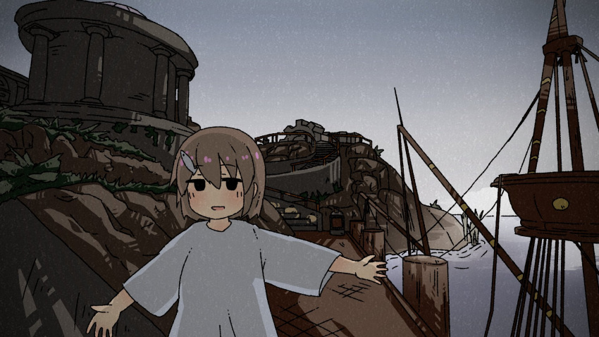 1girl, black_eyes, blush, brown_hair, building, cliff, column, commentary, day, derivative_work, english_commentary, fish_hair_ornament, gears, grass, grey_shirt, hair_ornament, highres, jitome, kani_aji, kani_aji-chan, long_sleeves, looking_at_viewer, mast, myst_(game), no_pupils, no_sclera, ocean, open_mouth, original, outdoors, outstretched_arms, oversized_clothes, oversized_shirt, pier, pillar, rigging, shirt, shore, short_hair, smile, solo, spread_arms, stairs, upper_body