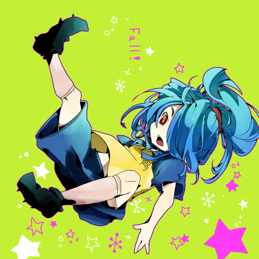 blue_hair, fallen_down, gradient_hair, hair_over_one_eye, hisaboden, inazuma_eleven, kazemaru_ichirouta, kneehighs, multicolored_hair, open_mouth, ponytail, raglan_sleeves, red_eyes, shoes, shorts, sneakers, socks, solo, star
