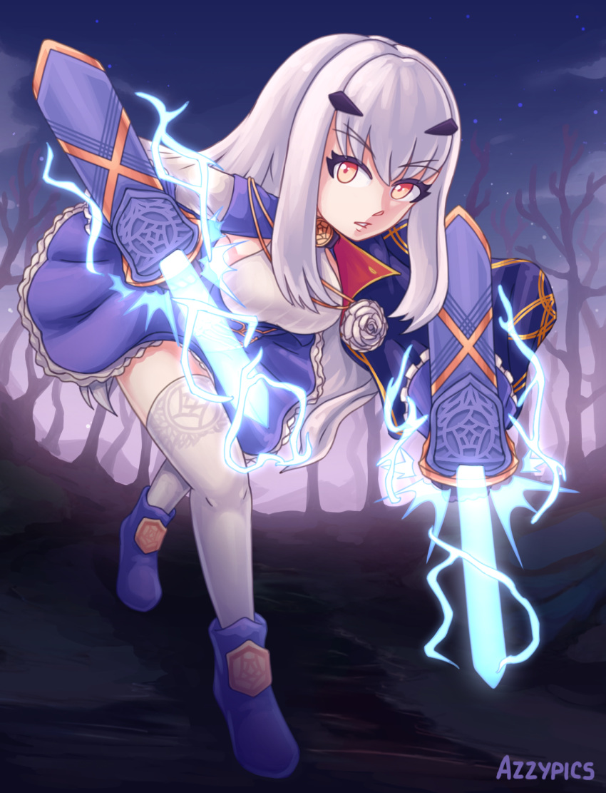 1girl, azzypics, bent_over, blue_dress, blue_footwear, breasts, capelet, dress, fate/grand_order, fate_(series), flower, forked_eyebrows, frilled_dress, frills, gloves, glowing, glowing_weapon, hair_ornament, highres, long_hair, long_sleeves, looking_at_viewer, medium_breasts, melusine_(fate), melusine_(second_ascension)_(fate), open_mouth, orange_eyes, rose, sidelocks, solo, thigh-highs, weapon, white_flower, white_hair, white_rose, white_thighhighs, zettai_ryouiki