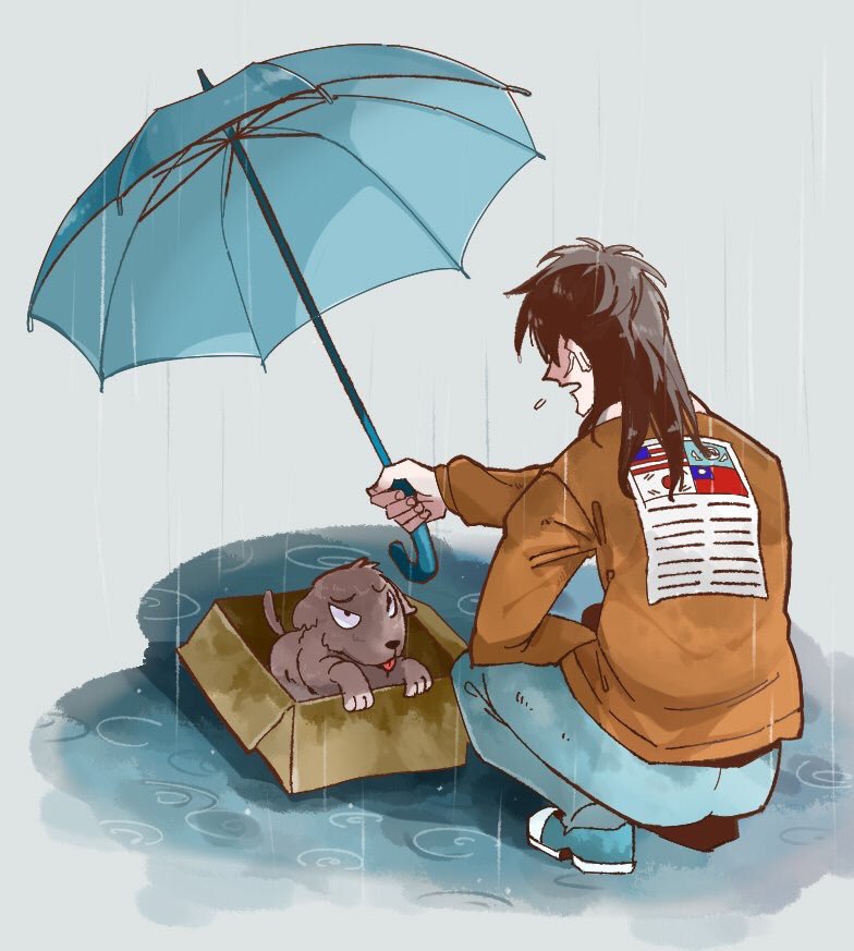 1boy, american_flag, black_hair, blue_footwear, blue_pants, blue_umbrella, bomber_jacket, box
