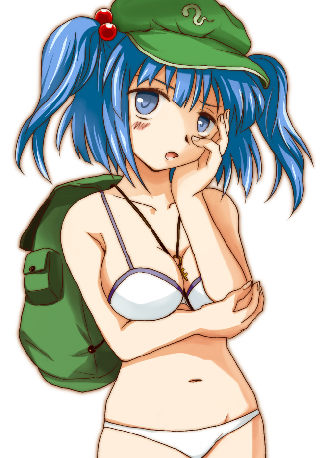 backpack, bag, between_breasts, bikini, blue_eyes, blue_hair, breast_lift, breasts