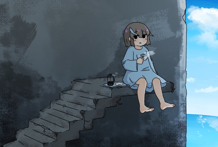 1girl, absurdres, barefoot, black_eyes, blue_shirt, blue_sky, blush, brown_hair
