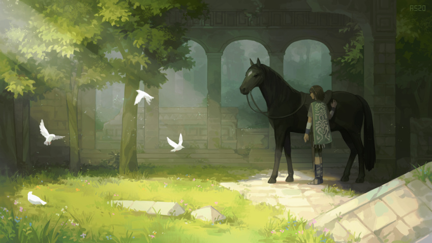 1boy, agro_(shadow_of_the_colossus), bird, driftwoodwolf, grass, horse, male_focus, poncho