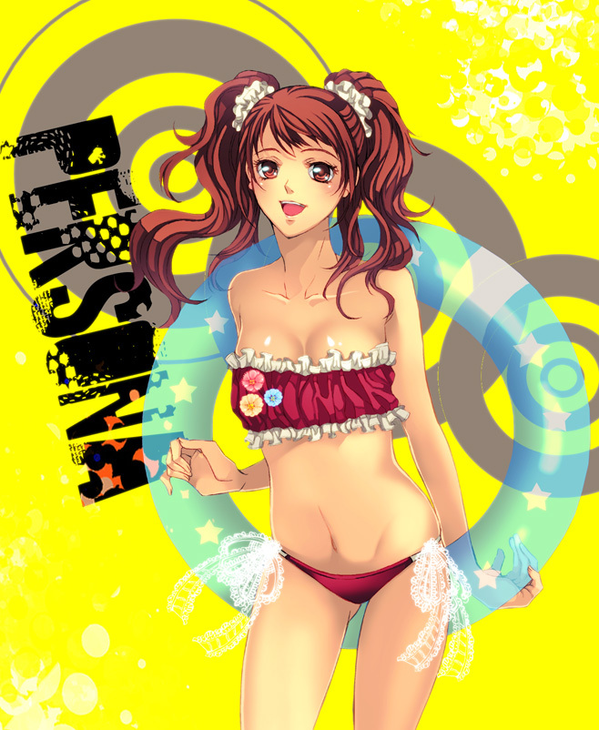 1girl, atlus, breasts, cleavage, cute, innertube, kujikawa_rise, megami_tensei, nikokorozashi_juuji, nishi_juuji, persona, persona_4, red_hair, redhead, scrunchie, smile, solo, swimsuit, tubetop, twintails