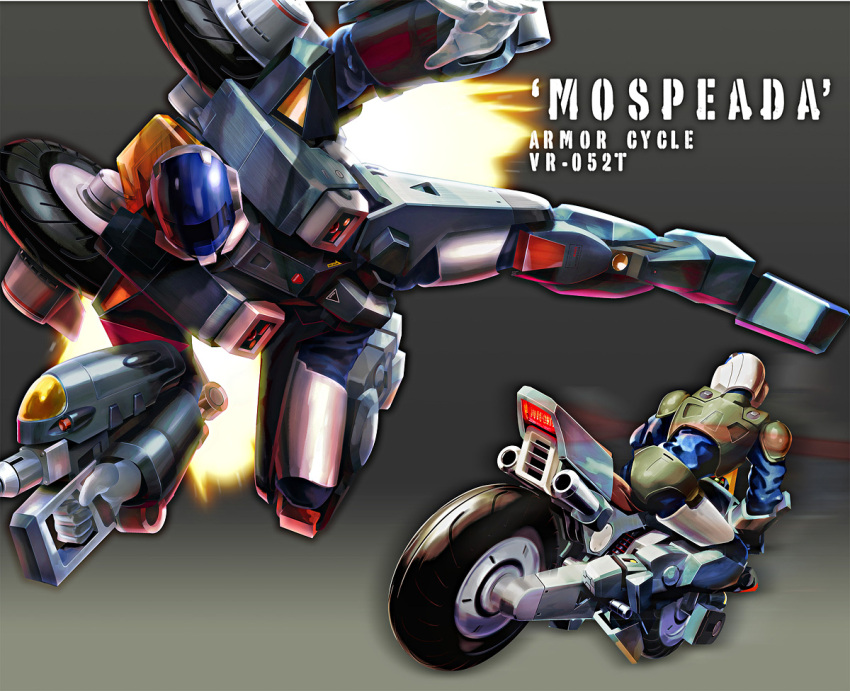 armor, gloves, gun, helmet, hush26, kikou_souseiki_mospeada, mecha, military, military_uniform, mospeada, mospeada_(mecha), motor_vehicle, motorcycle, oldschool, power_armor, ray_(mospeada), realistic, rifle, uniform, vehicle, weapon