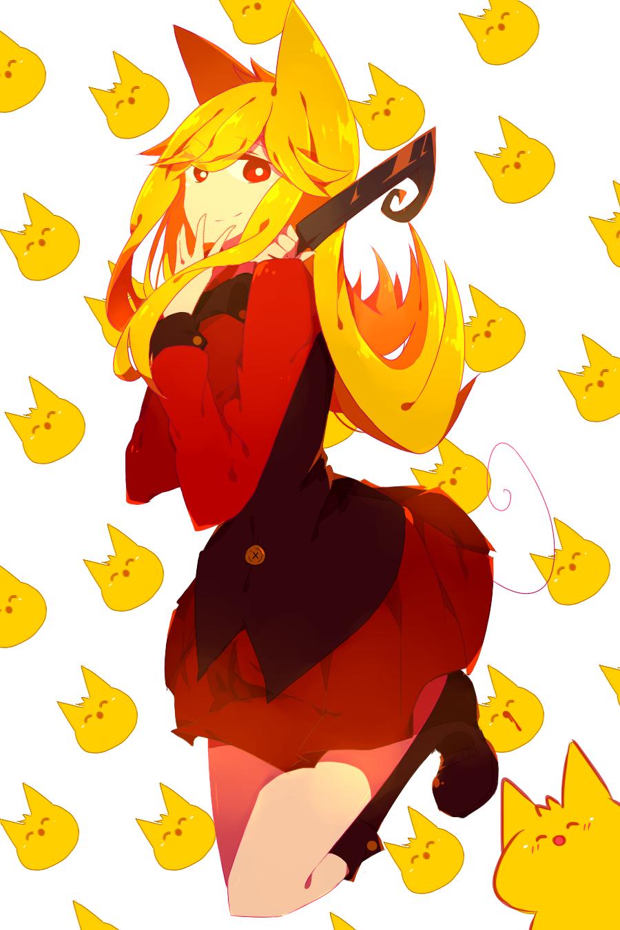 1girl, animal_ears, black_shirt_cuffs, blonde_eyebrows, blonde_hair, boots, buttons, eyebrows_visible_through_hair