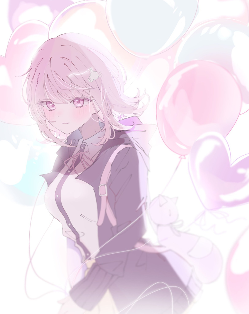 1girl, balloon, black_jacket, black_shirt, blush, collared_shirt, cowboy_shot, danganronpa_(series)