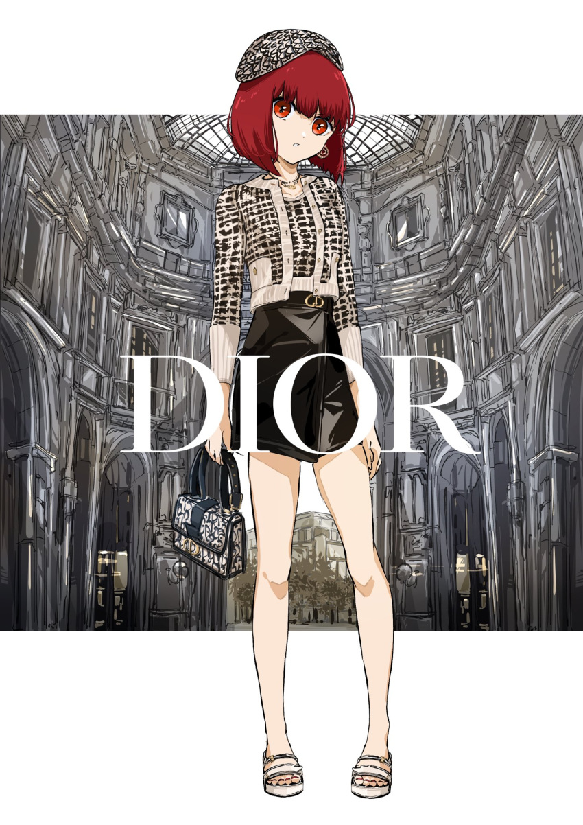 1girl, arima_kana, bag, bare_legs, black_skirt, dior, fashion, handbag