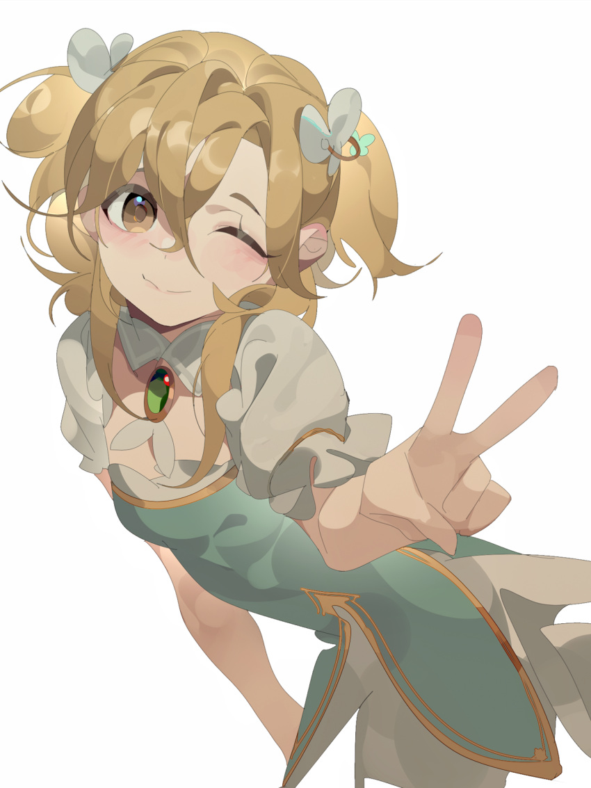 1girl, blonde_hair, blue_dress, brown_eyes, dress, gem, green_gemstone, half_updo