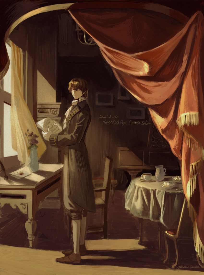 1boy, absurdres, antonio_salieri_(fate), antonio_salieri_(human)_(fate), ascot, black_coat, black_pants, brown_eyes