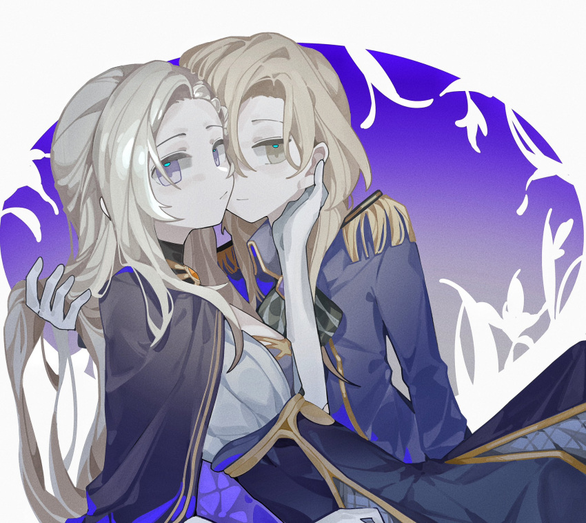 2girls, blonde_hair, blue_background, blue_capelet, blue_jacket, blue_skirt, border, capelet