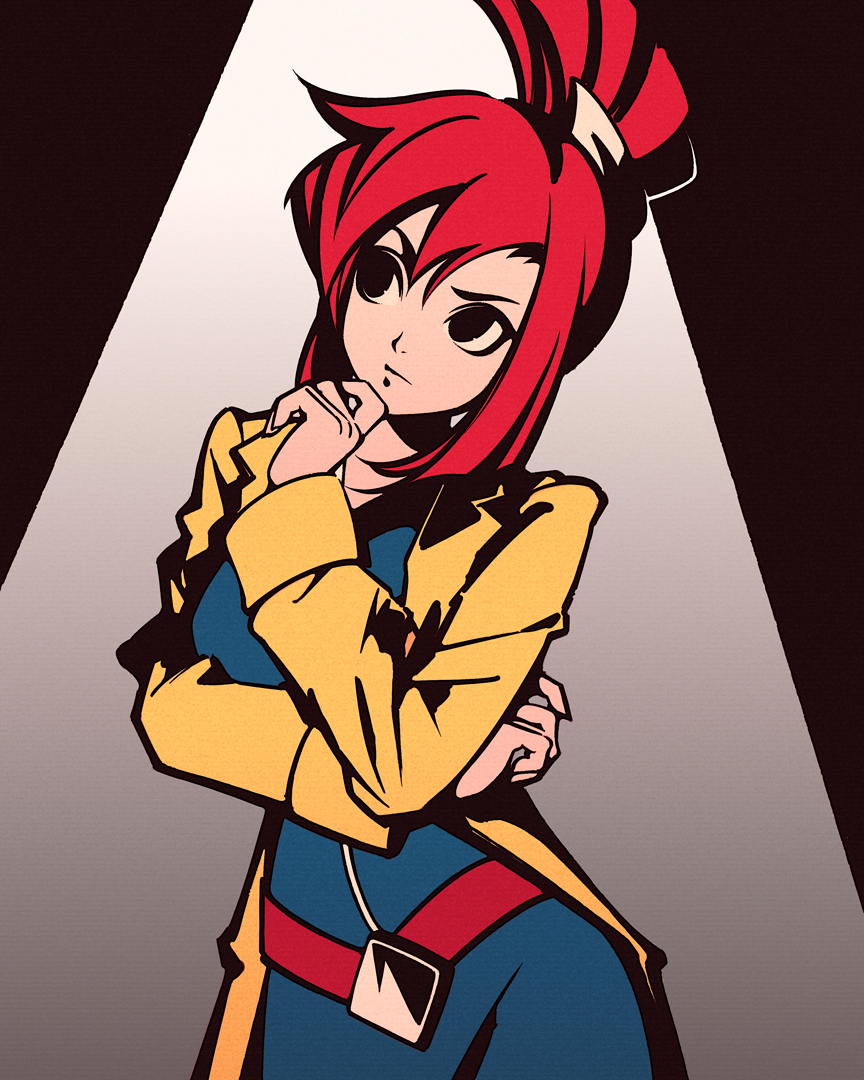 1girl, arm_under_breasts, belt, black_background, black_eyes, blue_dress, breasts, closed_mouth