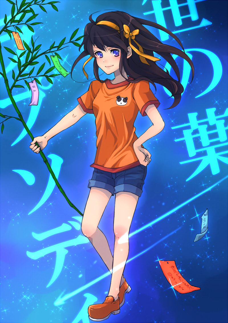 bamboo, brown_eyes, brown_hair, casual, denim, denim_shorts, hair_ribbon, leaf