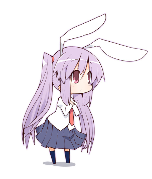 animal_ears, bunny_ears, chibi, fanfad, ladfa, necktie, payot, pink_eyes, pink_hair, purple_eyes, purple_hair, rabbit_ears, reisen_udongein_inaba, simple_background, skirt, solo, touhou, twintails