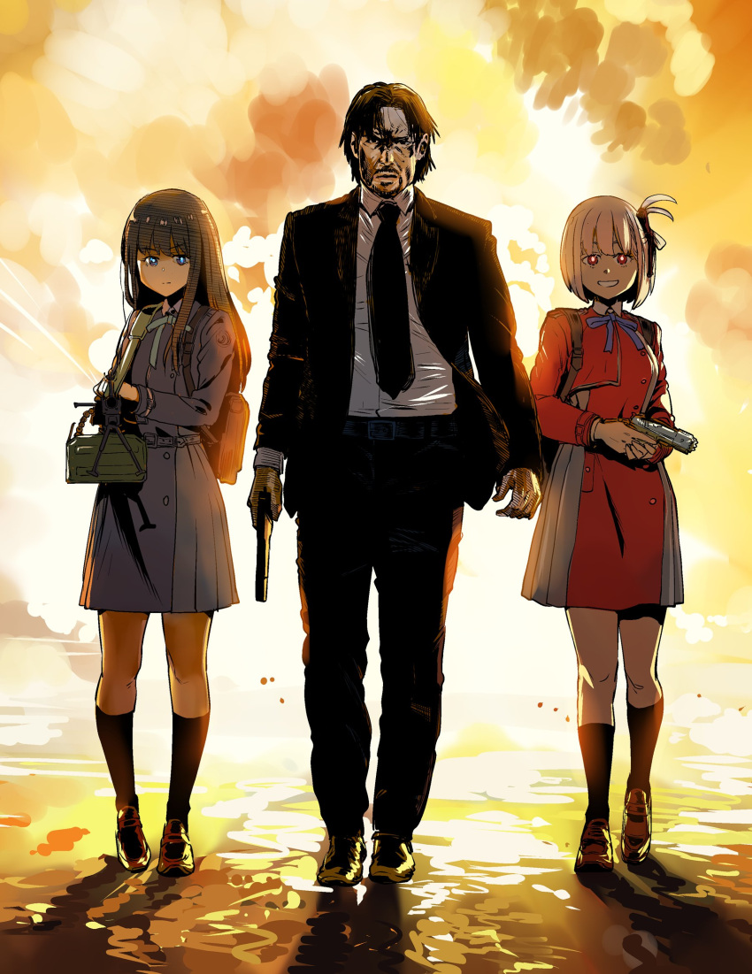 2girls, :d, backpack, bag, bare_legs, beard, belt, black_belt, black_eyes, black_footwear, black_hair, black_necktie, black_pants, black_socks, black_suit, blonde_hair, blue_belt, blue_dress, blue_ribbon, blunt_bangs, bob_cut, breasts, buckle, business_suit, buttons, clenched_hand, closed_mouth, collared_dress, collared_shirt, commentary_request, crossover, dress, explosion, expressionless, facial_hair, facing_viewer, full_body, green_ribbon, grey_dress, gun, h&amp;k_p30, hair_ornament, hair_over_shoulder, hair_ribbon, handgun, happy, heckler_&amp;_koch, highres, holding, holding_gun, holding_weapon, inoue_takina, john_wick, john_wick_(character), kneehighs, large_breasts, loafers, long_hair, long_sleeves, looking_at_viewer, lycoris_recoil, lycoris_uniform, m1911, machine_gun, medium_hair, multiple_girls, muzzle_device, neck_ribbon, necktie, night, nishikigi_chisato, nogami_takeshi, one_side_up, open_mouth, pants, parted_bangs, pkm, pleated_dress, red_belt, red_dress, red_eyes, red_ribbon, ribbon, school_bag, school_briefcase, school_uniform, shirt, shoes, short_hair, sidelocks, simple_background, sketch, smile, socks, suit, teeth, thighs, two-tone_dress, violet_eyes, walking, walking_away, weapon, white_shirt