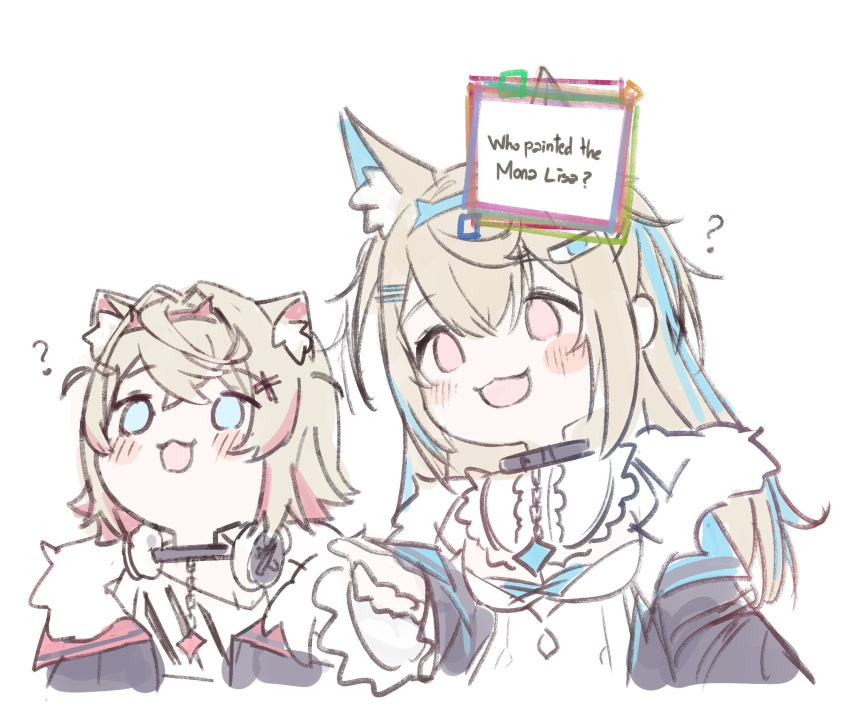 2girls, :3, ?, animal_ears, black_collar, black_jacket, blonde_hair, blue_hair, blue_headband, blush, chain, collar, da_vinky_(meme), frills, fur-trimmed_jacket, fur_trim, fuwawa_abyssgard, gem, hair_between_eyes, hair_intakes, hair_ornament, hairclip, headband, highres, hololive, hololive_english, hyde_(tabakko), jacket, meme, mococo_abyssgard, multicolored_hair, multiple_girls, open_mouth, pink_eyes, pink_hair, pink_headband, shirt, siblings, streaked_hair, twins, white_background, white_shirt