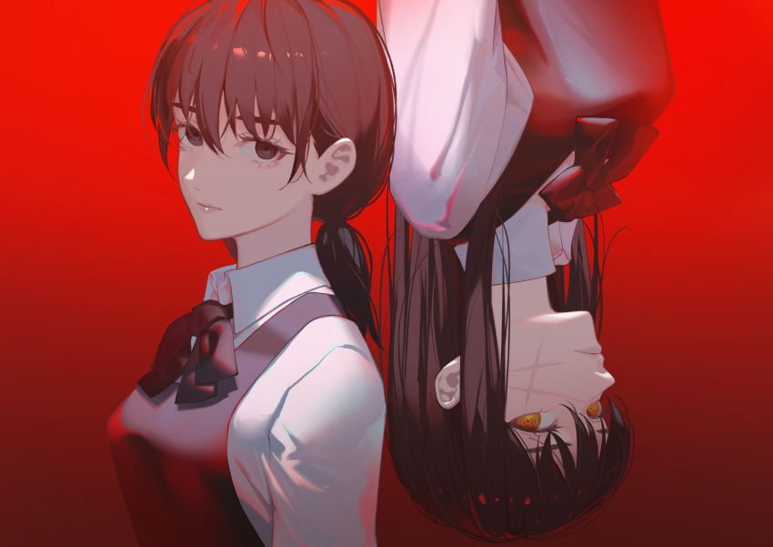 2girls, black_hair, chainsaw_man, cross_scar, dress, fourth_east_high_school_uniform, highres, long_hair