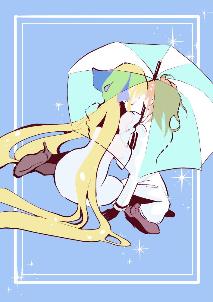 2girls, artoria_caster_(fate), artoria_pendragon_(fate), black_gloves, blonde_hair, fate/grand_order, fate_(series), fujimaru_ritsuka_(female), gloves, holding, holding_umbrella, kauderni01356, multiple_girls, orange_hair, simple_background, umbrella, yuri