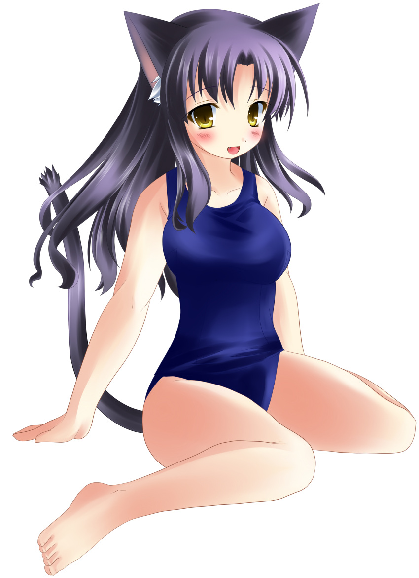 animal_ears, black_hair, cat_ears, cat_tail, kuu_(wanko), neko_pan, school_swimsuit, swimsuit